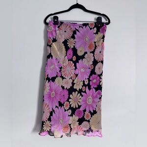 Allison Taylor Black and Pink Floral Silk Midi Skirt Size L